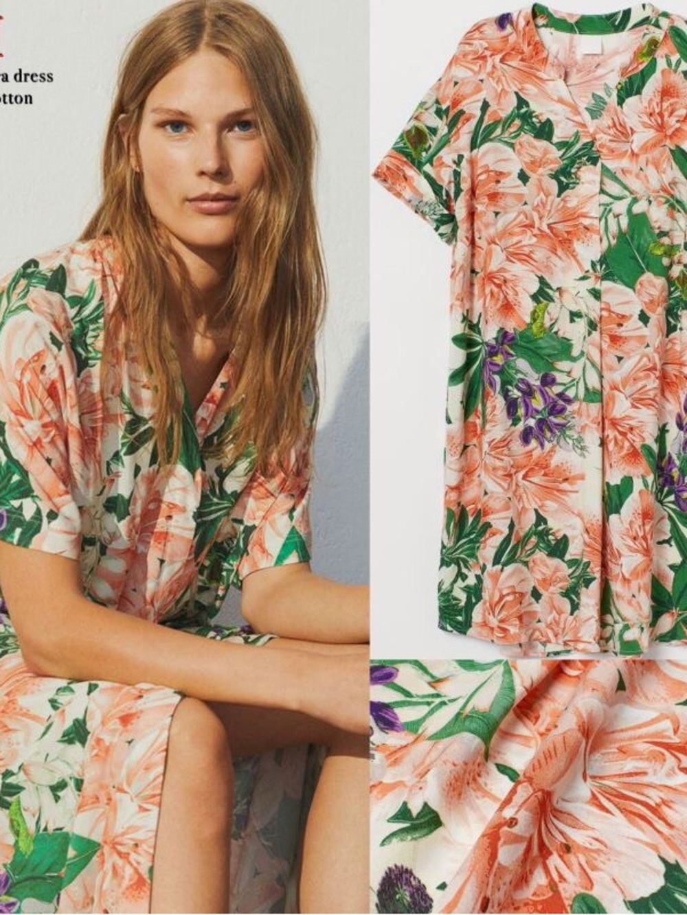 H&M Tropical Floral V Neck Shift Dress Lightweight Cotton Size M